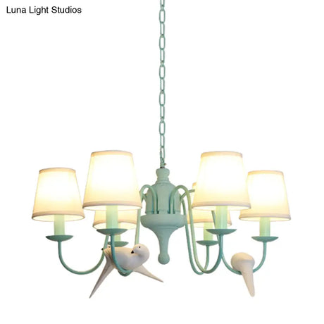 Green Fabric Tapered Shade Chandelier: Vivid Bird Design 6 Lights - Contemporary Hanging Light