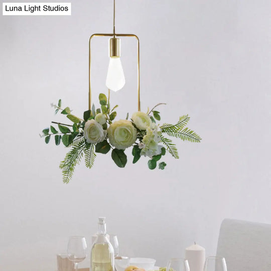 Green Farmhouse Fake Floral Ceiling Lamp: 1-Light Metallic Pendant With Triangle/Square/Linear Frame