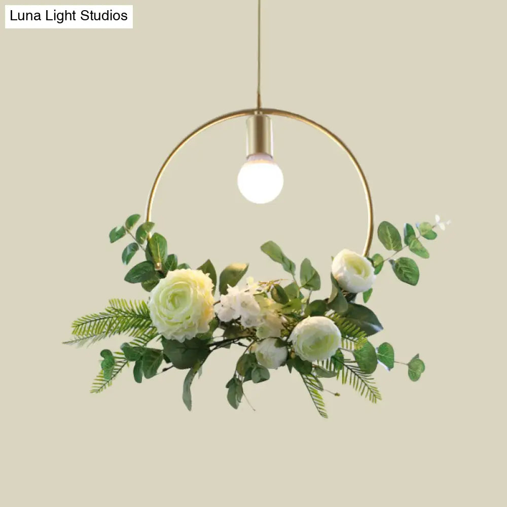 Rustic Green 1-Light Metallic Pendant Ceiling Lamp With Fake Floral Design