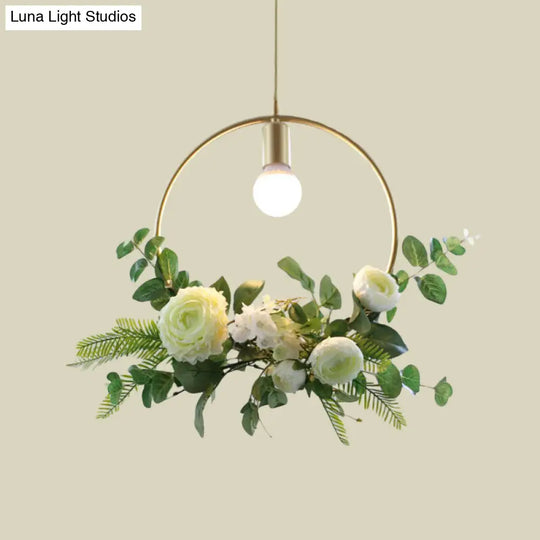 Rustic Green 1-Light Metallic Pendant Ceiling Lamp With Fake Floral Design
