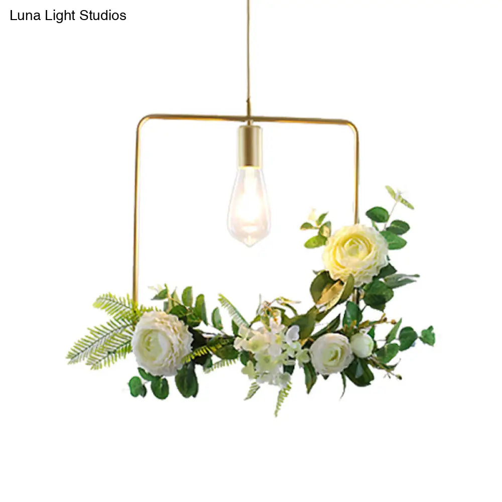 Rustic Green 1-Light Metallic Pendant Ceiling Lamp With Fake Floral Design