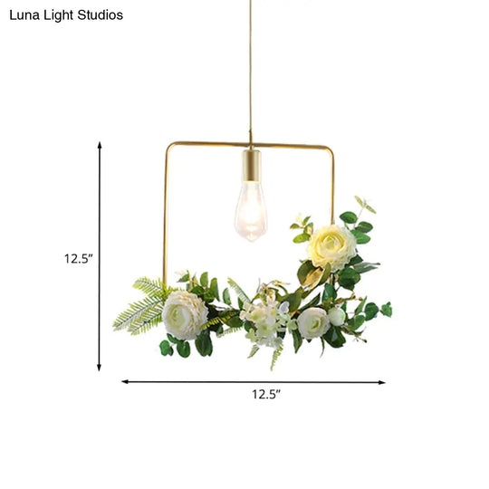 Green Farmhouse Fake Floral Ceiling Lamp: 1-Light Metallic Pendant With Triangle/Square/Linear Frame