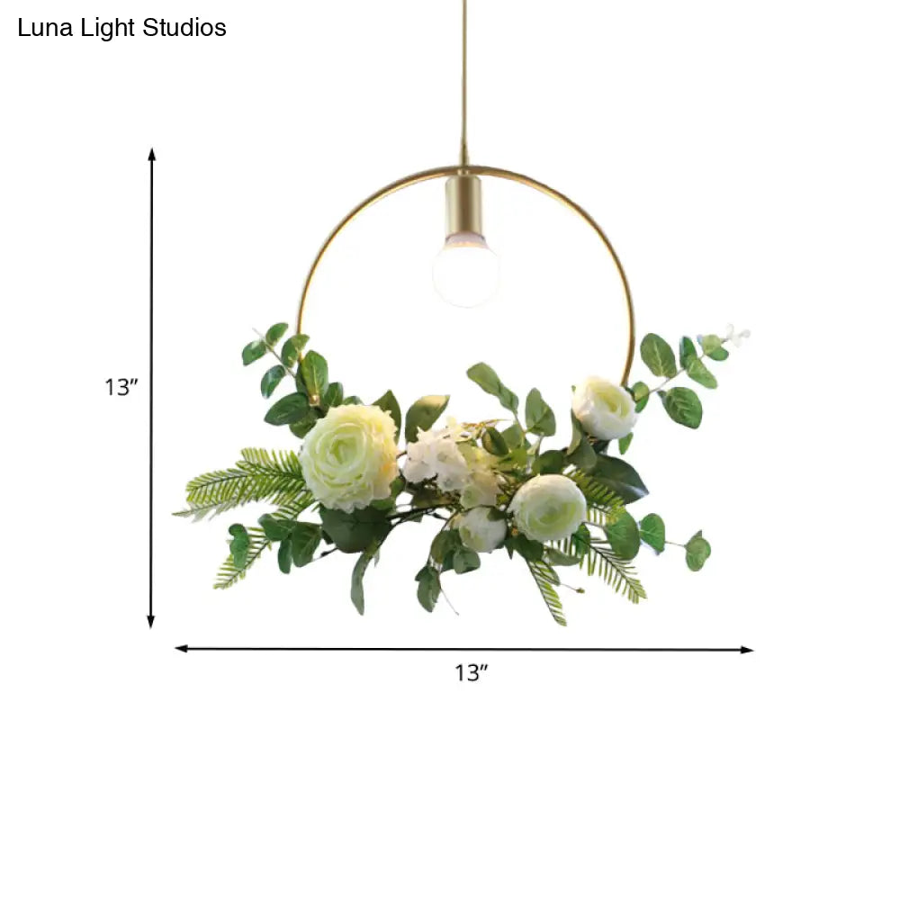 Green Farmhouse Fake Floral Ceiling Lamp: 1-Light Metallic Pendant With Triangle/Square/Linear Frame