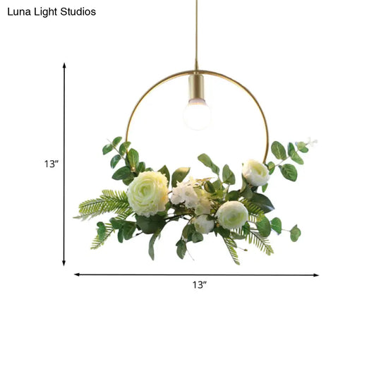 Green Farmhouse Fake Floral Ceiling Lamp: 1-Light Metallic Pendant With Triangle/Square/Linear Frame