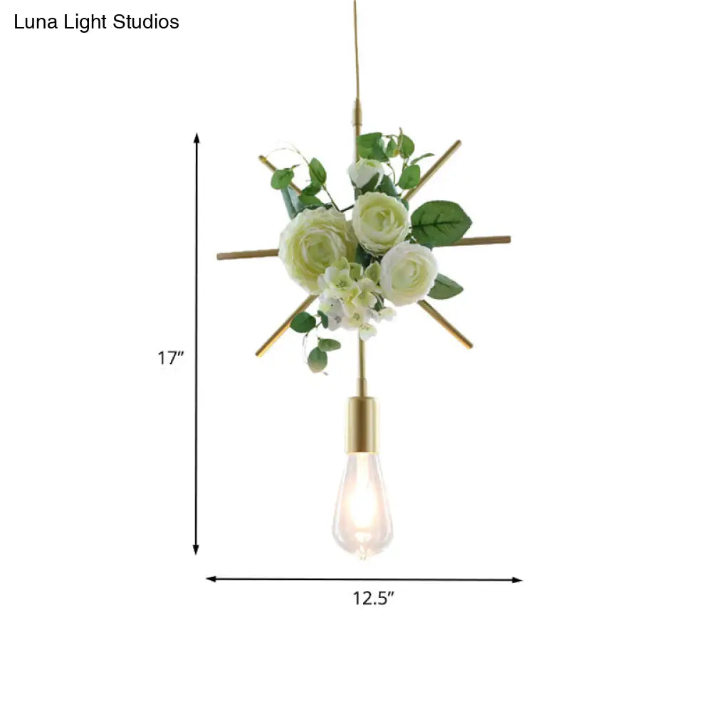 Rustic Green 1-Light Metallic Pendant Ceiling Lamp With Fake Floral Design