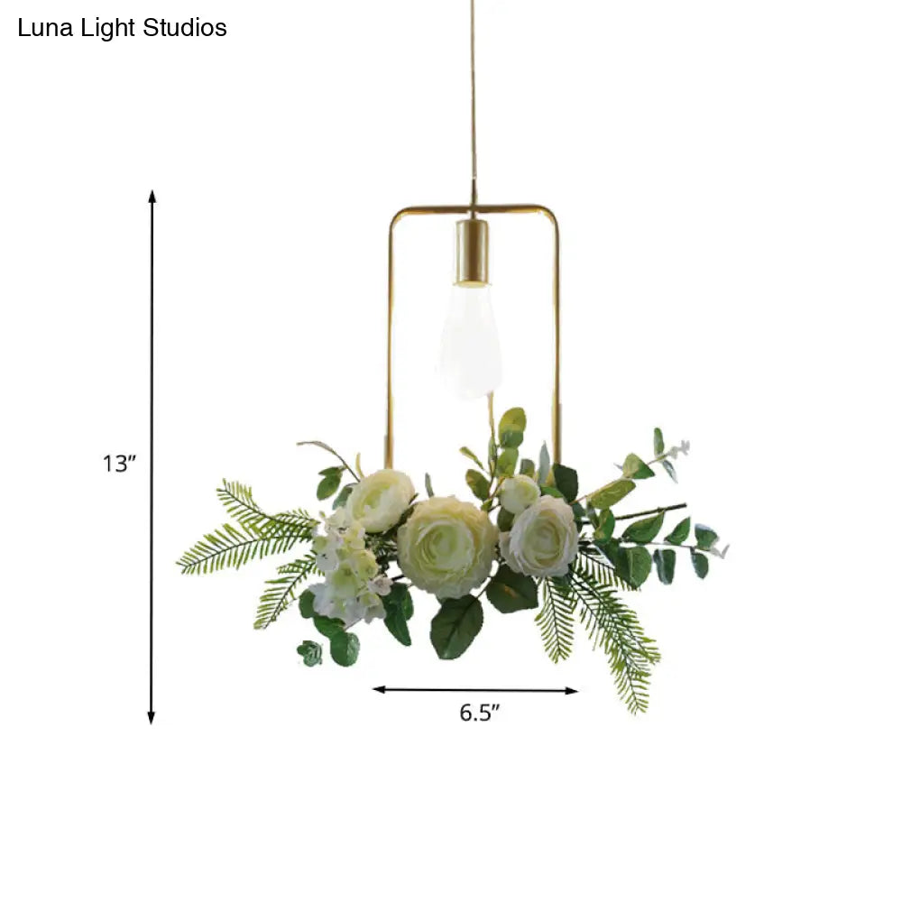 Rustic Green 1-Light Metallic Pendant Ceiling Lamp With Fake Floral Design