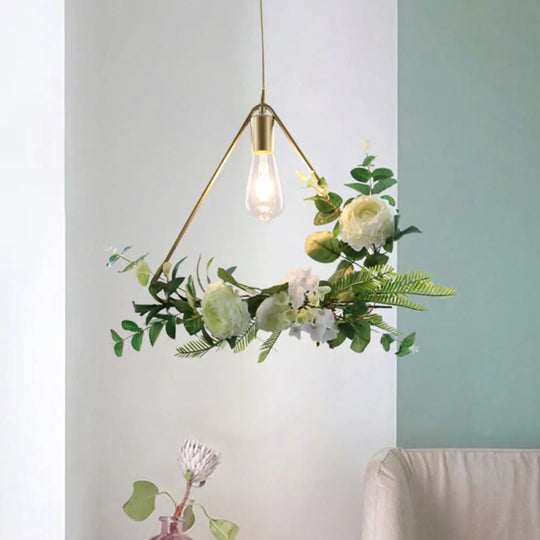 Green Farmhouse Fake Floral Ceiling Lamp: 1-Light Metallic Pendant With Triangle/Square/Linear