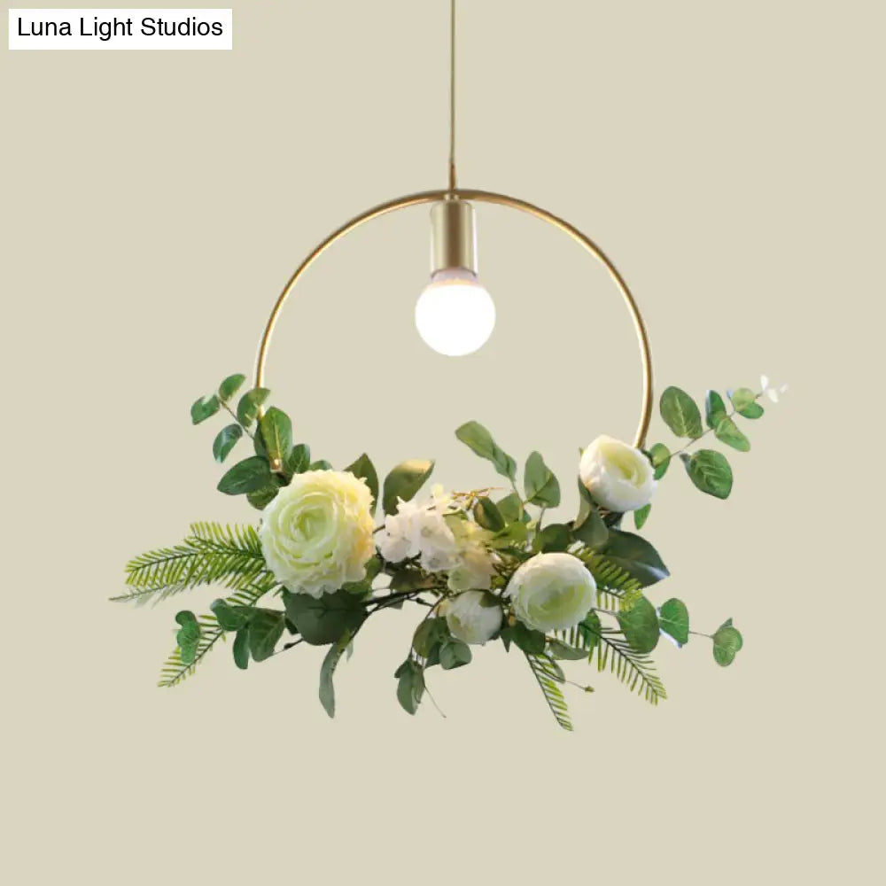 Green Farmhouse Fake Floral Ceiling Lamp: 1-Light Metallic Pendant With Triangle/Square/Linear Frame