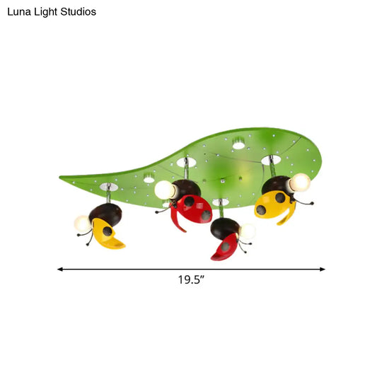Green Ladybug Rest On Leaf Ceiling Light - Kid Iron 4 - Bulb Bedroom Semi Flush Mount