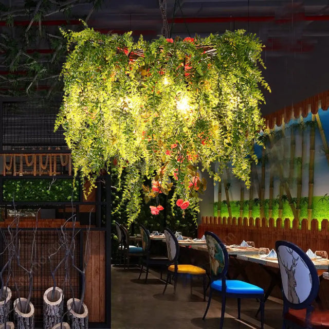 Green Led Industrial Metal Cage Chandelier With Plant Decoration 18/23.5/31.5 Wide