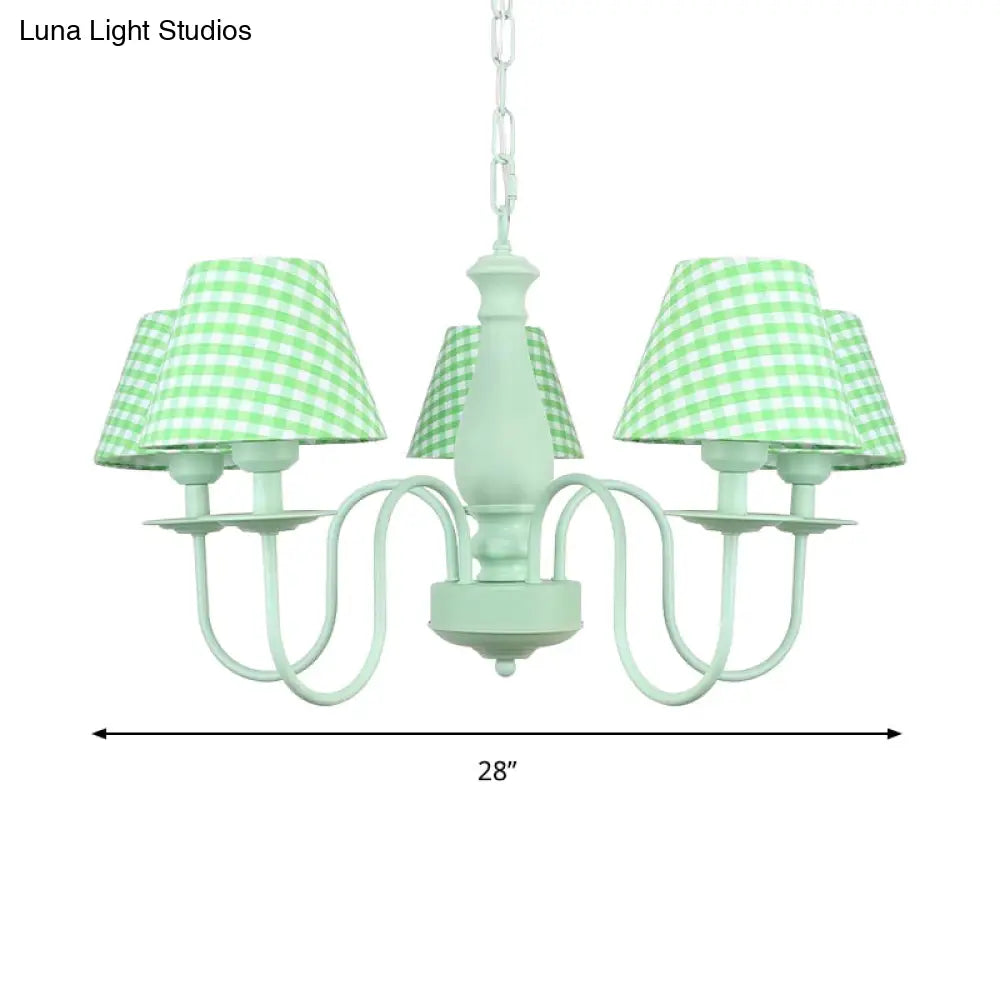 Green Macaron Loft Plaid Shade Chandelier - Metal 4-Light Hanging Light For Nursing Room