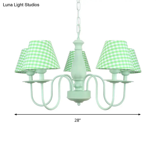 Green Macaron Loft Plaid Shade Chandelier - Metal 4-Light Hanging Light For Nursing Room