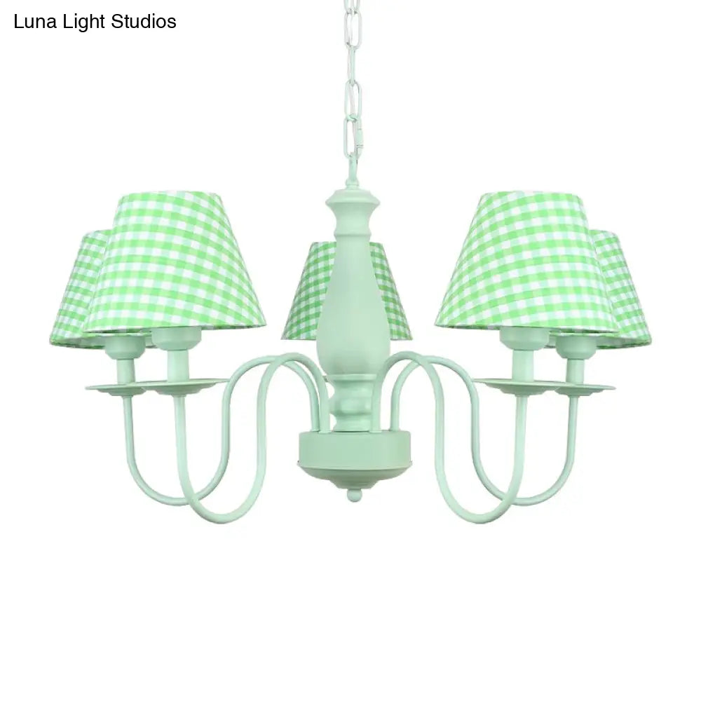 Green Macaron Loft Plaid Shade Chandelier - Metal 4-Light Hanging Light For Nursing Room