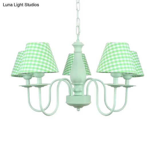 Green Macaron Loft Plaid Shade Chandelier - Metal 4-Light Hanging Light For Nursing Room