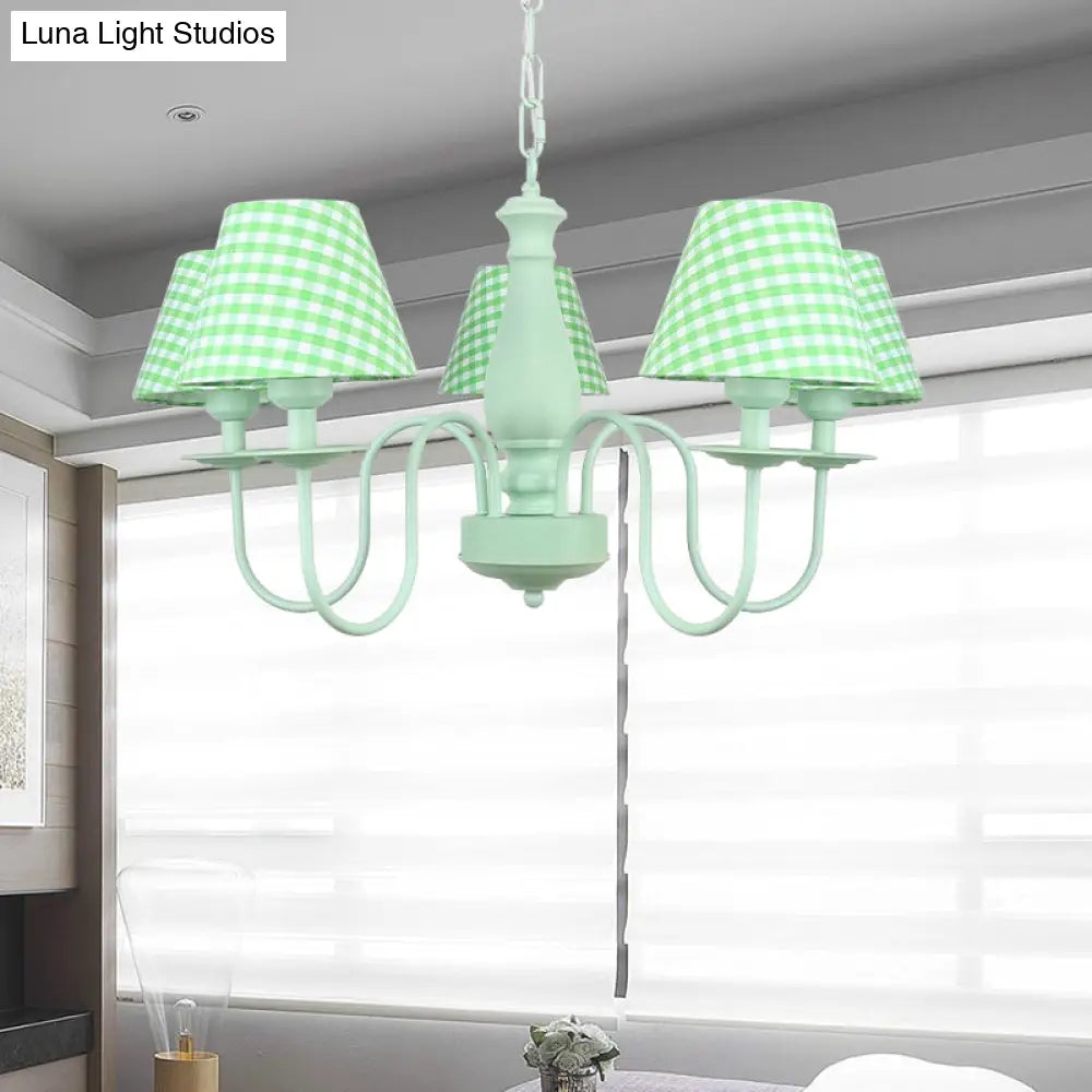 Green Macaron Loft Plaid Shade Chandelier - Metal 4-Light Hanging Light For Nursing Room