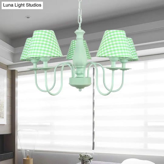 Green Macaron Loft Plaid Shade Chandelier - Metal 4-Light Hanging Light For Nursing Room