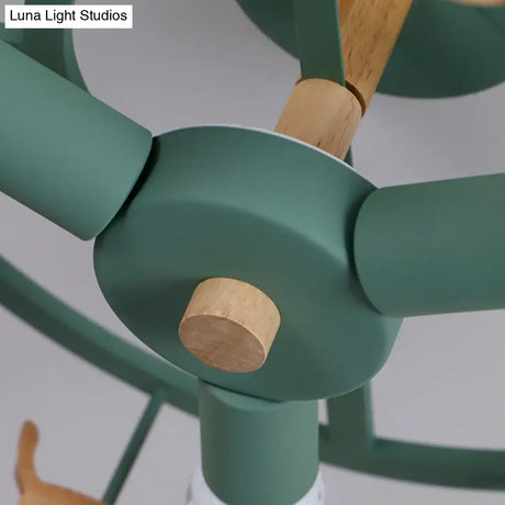 Green Macaron Merry - Go - Round Ceiling Light - Metal And Wood 3 Lights Semi Flush For Dining Room