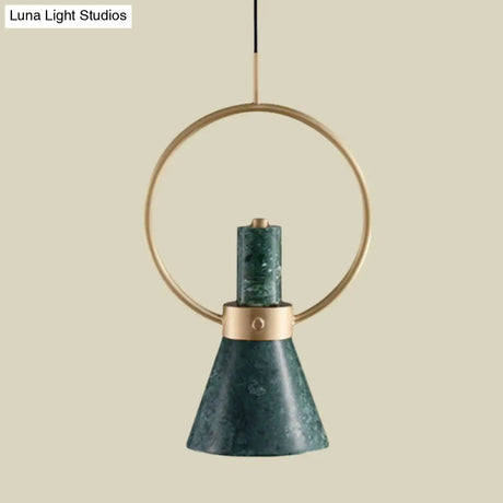 Green Marble Flared Pendant Light With Gold Ring - Nordic Style Ceiling Lamp (1 Bulb)