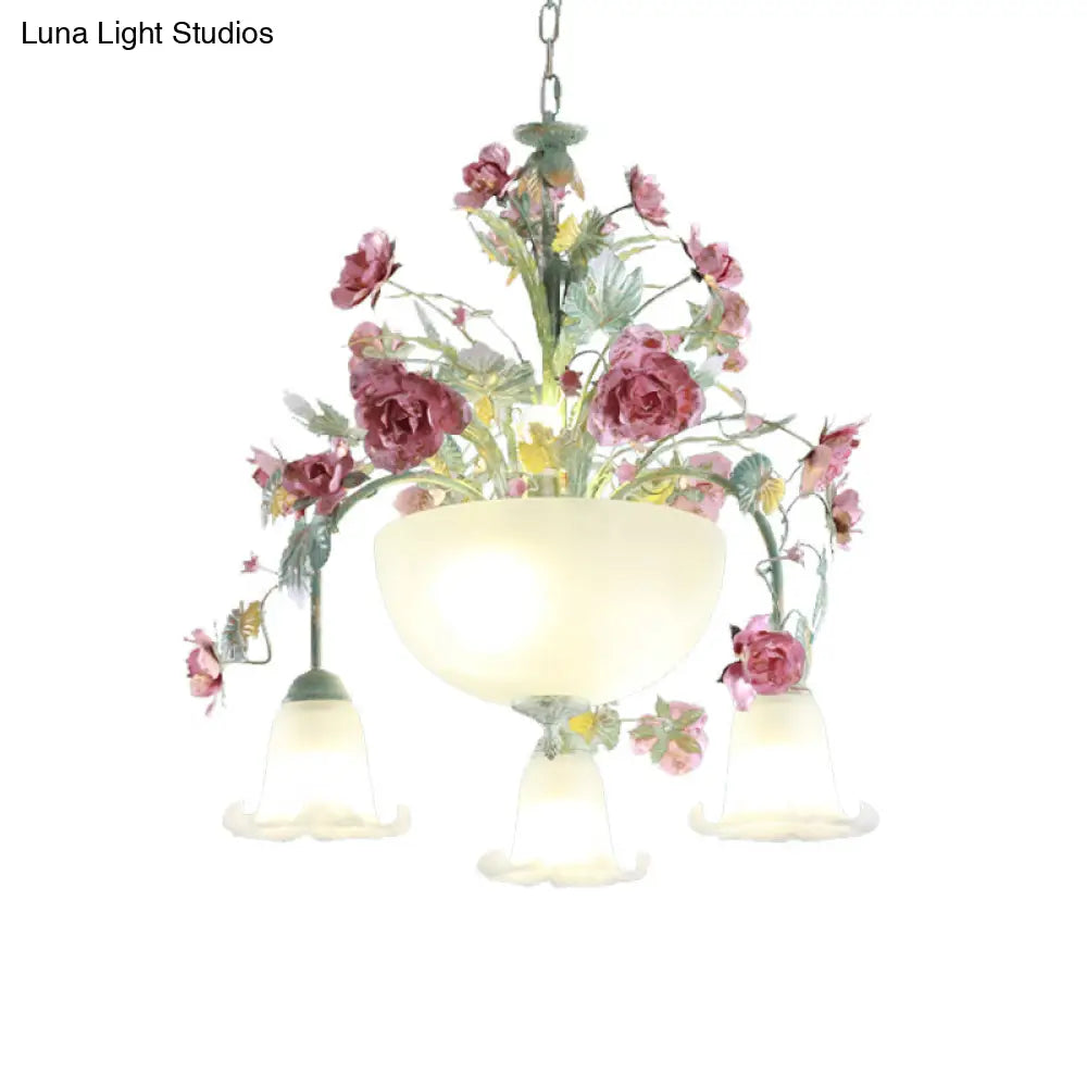 Green Metal Bowl Chandelier - Romantic Pastoral 5/7 Bulb Dining Room Drop Lamp With Rose Accents