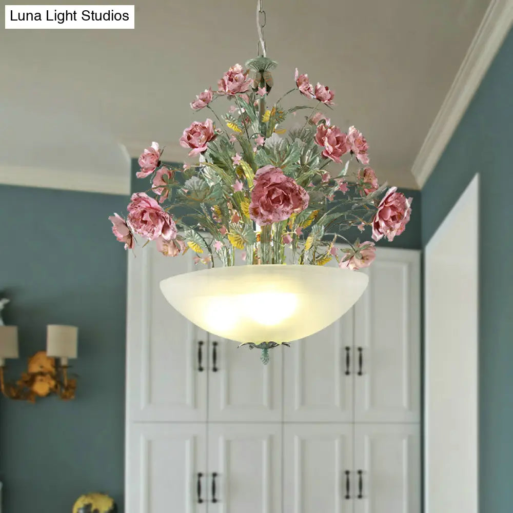 Green Metal Bowl Chandelier - Romantic Pastoral 5/7 Bulb Dining Room Drop Lamp With Rose Accents