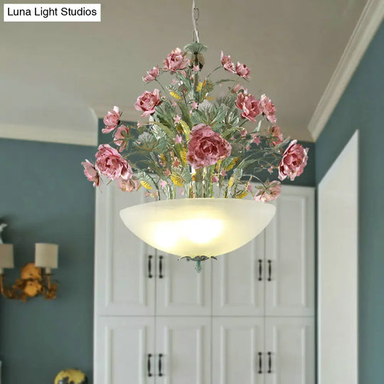Green Metal Bowl Chandelier - Romantic Pastoral 5/7 Bulb Dining Room Drop Lamp With Rose Accents
