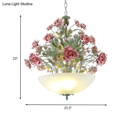 Green Metal Bowl Chandelier - Romantic Pastoral 5/7 Bulb Dining Room Drop Lamp With Rose Accents