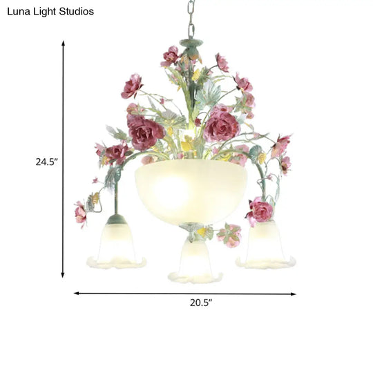 Green Metal Bowl Chandelier - Romantic Pastoral 5/7 Bulb Dining Room Drop Lamp With Rose Accents