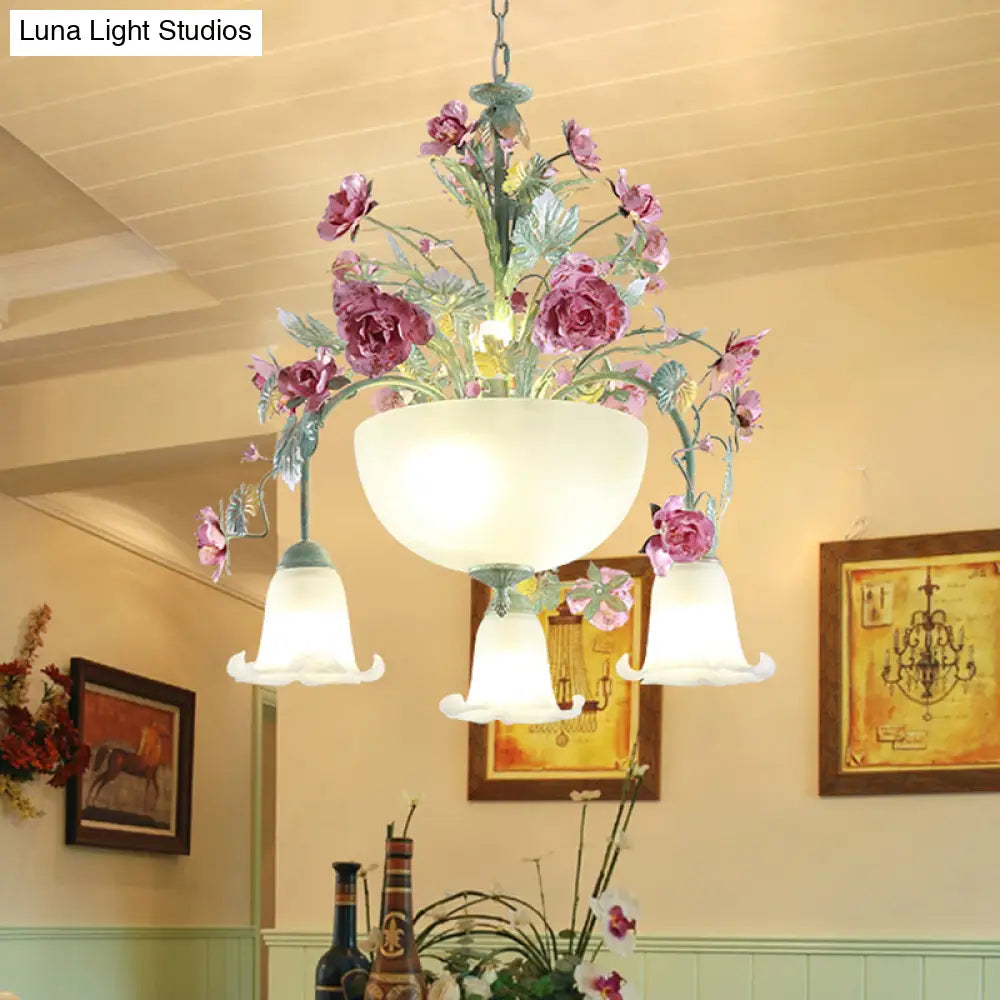 Green Metal Bowl Chandelier - Romantic Pastoral 5/7 Bulb Dining Room Drop Lamp With Rose Accents