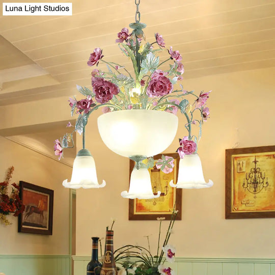 Green Metal Bowl Chandelier - Romantic Pastoral 5/7 Bulb Dining Room Drop Lamp With Rose Accents