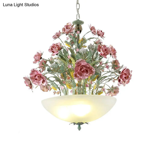 Green Metal Bowl Chandelier - Romantic Pastoral 5/7 Bulb Dining Room Drop Lamp With Rose Accents