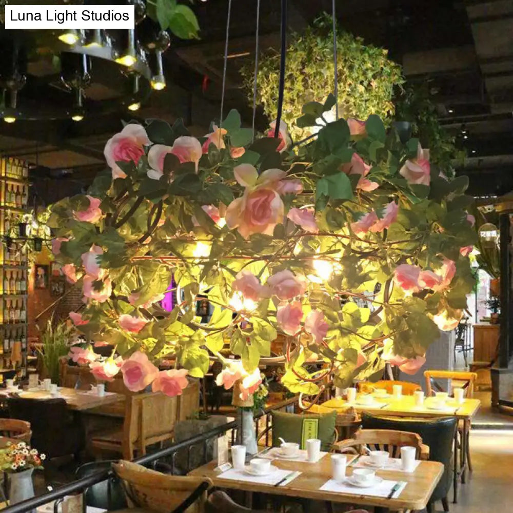 Industrial Green Metal Chandelier With 3 Led Lights For Restaurants - Flower-Inspired Ceiling Lamp