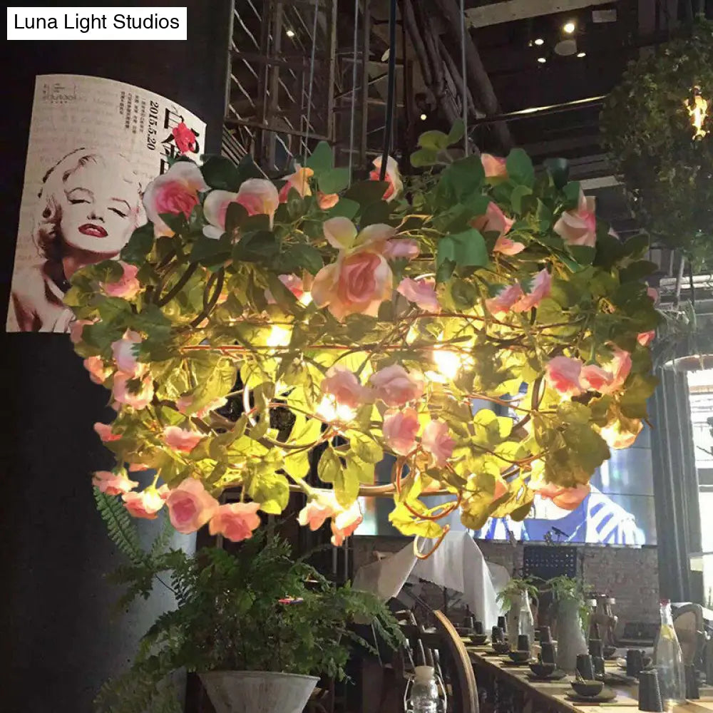 Industrial Green Metal Chandelier With 3 Led Lights For Restaurants - Flower-Inspired Ceiling Lamp
