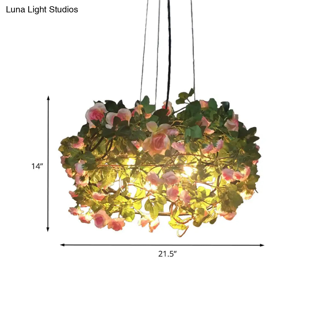 Green Metal Chandelier With Led Lights - Industrial 3-Light Ceiling Lamp For Restaurants