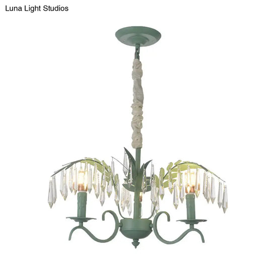 Green Nordic Chandelier: Metal Candle Hanging Light With Leaf & Crystal Detail - 3 Lights Ideal For