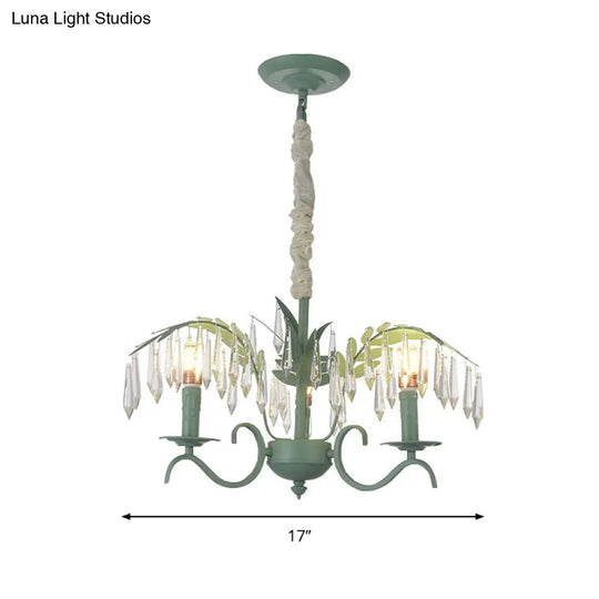 Green Nordic Chandelier: Metal Candle Hanging Light With Leaf & Crystal Detail - 3 Lights Ideal For