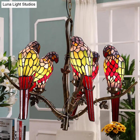Green Parrot Chandelier - 5-Light Cut Glass Suspension Lamp For Living Room