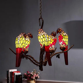 Green Parrot Chandelier - 5-Light Cut Glass Suspension Lamp For Living Room