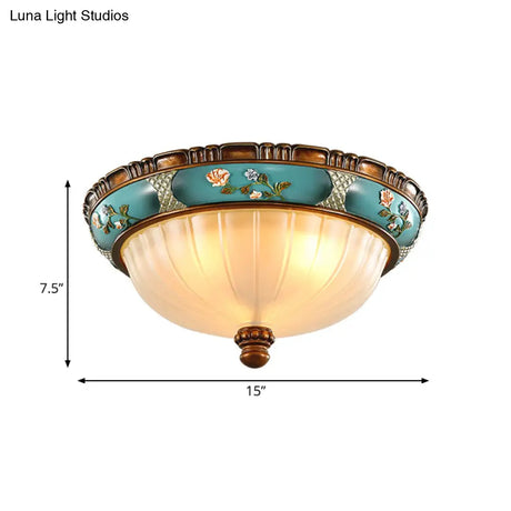 Green Retro Ribbed Glass Flush Mount Ceiling Light With Hemispherical Embossed Flower Design -