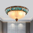 Green Retro Ribbed Glass Flush Mount Ceiling Light With Hemispherical Embossed Flower Design -