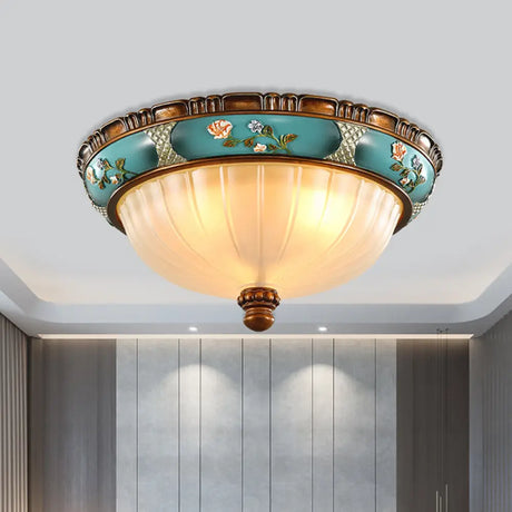 Green Retro Ribbed Glass Flush Mount Ceiling Light With Hemispherical Embossed Flower Design -