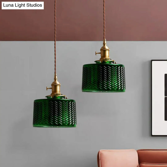 Vintage Green Ripple Glass Drum Pendant Light - 1-Light Hanging Fixture