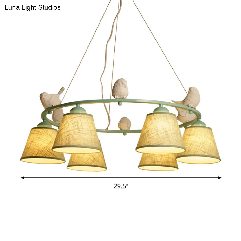 Green Rustic Style Ring Villa Chandelier With Bird & Tapered Shade