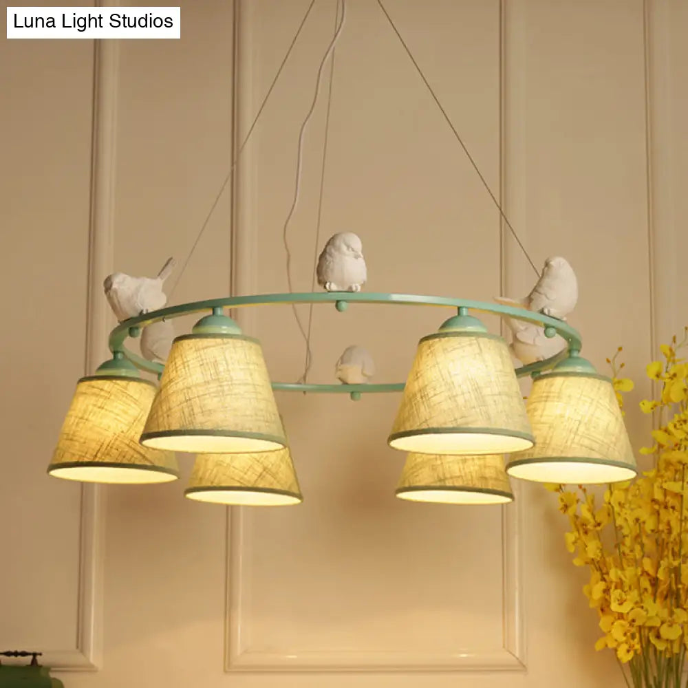 Green Rustic Style Ring Villa Chandelier With Bird & Tapered Shade