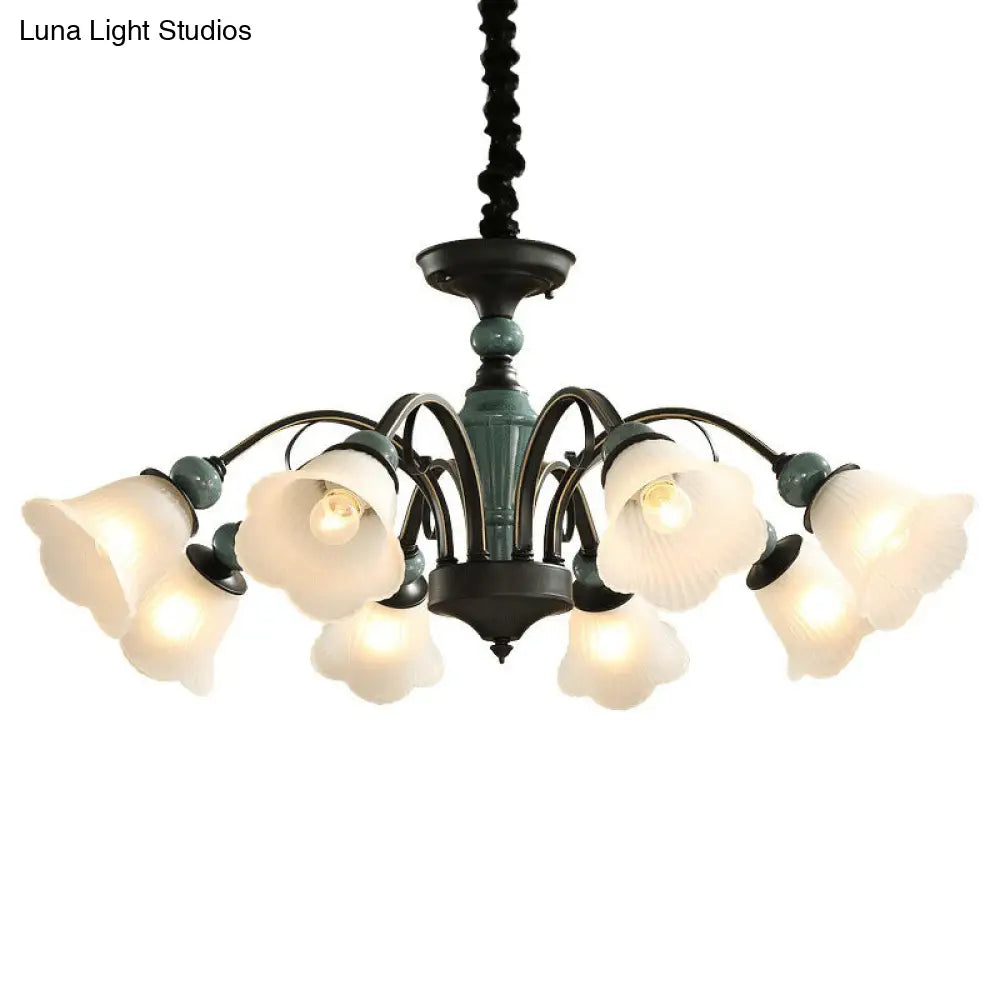 Green Vintage Floral Frosted Opal Glass Chandelier Pendant Light For Living Room
