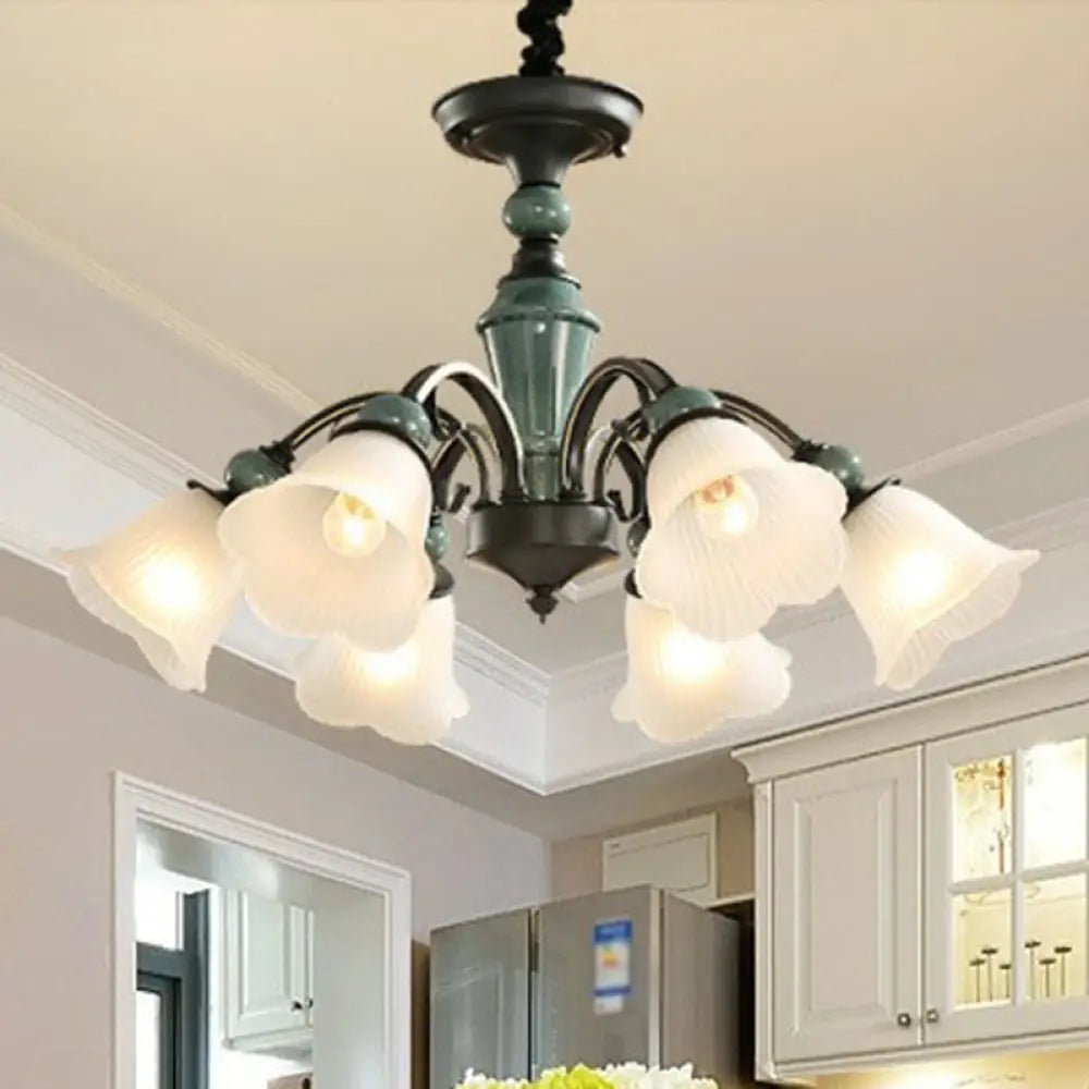 Green Vintage Floral Frosted Opal Glass Chandelier Pendant Light For Living Room 6 / Down