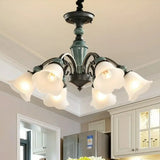 Green Vintage Floral Frosted Opal Glass Chandelier Pendant Light For Living Room 6 / Down