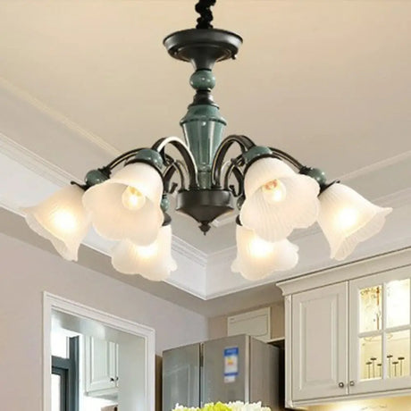 Green Vintage Floral Frosted Opal Glass Chandelier Pendant Light For Living Room 6 / Down
