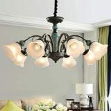 Green Vintage Floral Frosted Opal Glass Chandelier Pendant Light For Living Room 8 / Down