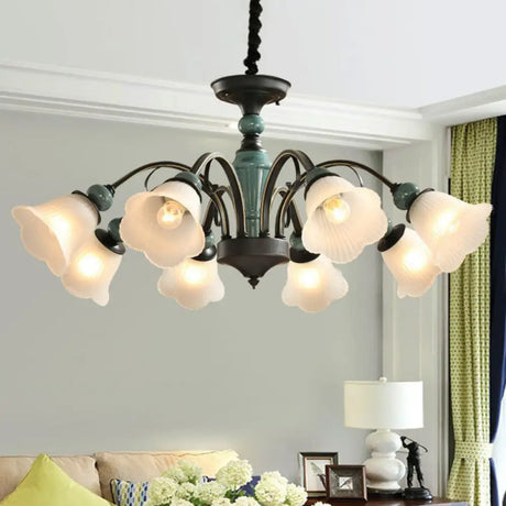 Green Vintage Floral Frosted Opal Glass Chandelier Pendant Light For Living Room 8 / Down