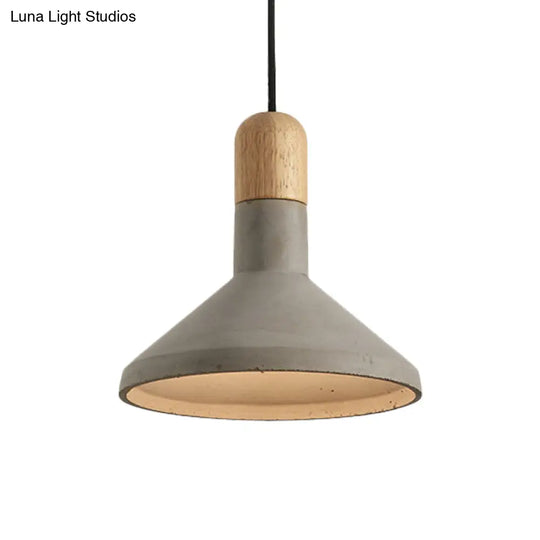 Vintage Flared Pendant Light Kit - Grey And Wood 1-Head Cement Hanging Ceiling Lamp
